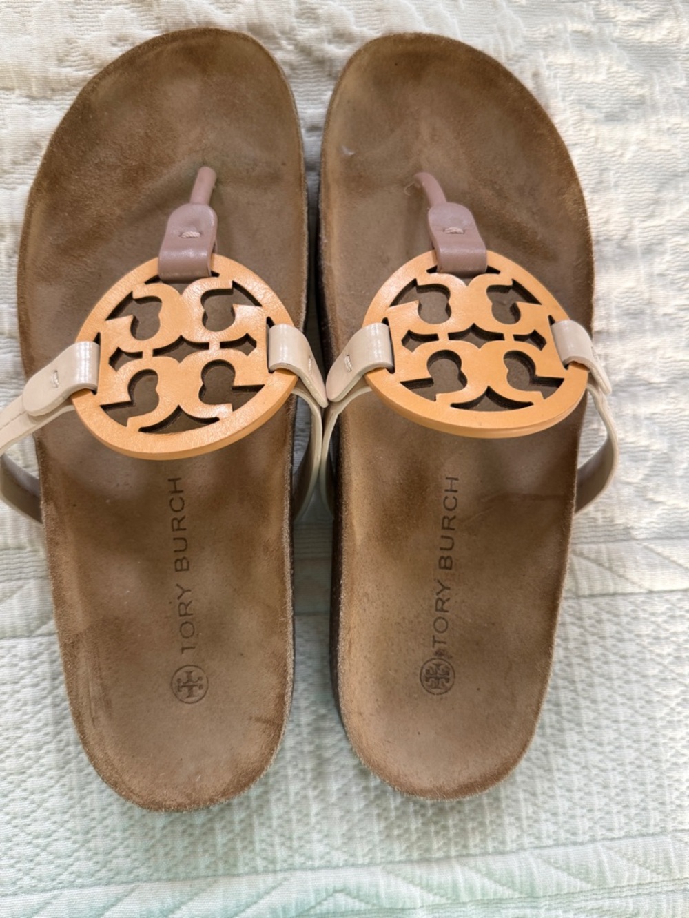 authentic Tory Burch  Blush and Tan Logo Thong Sandals ( wore once )